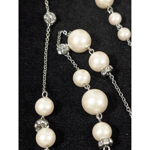 Retro White Faux Pearl Station Chain Rhinestone Long Layering Necklace 34" - Picture 4 of 7